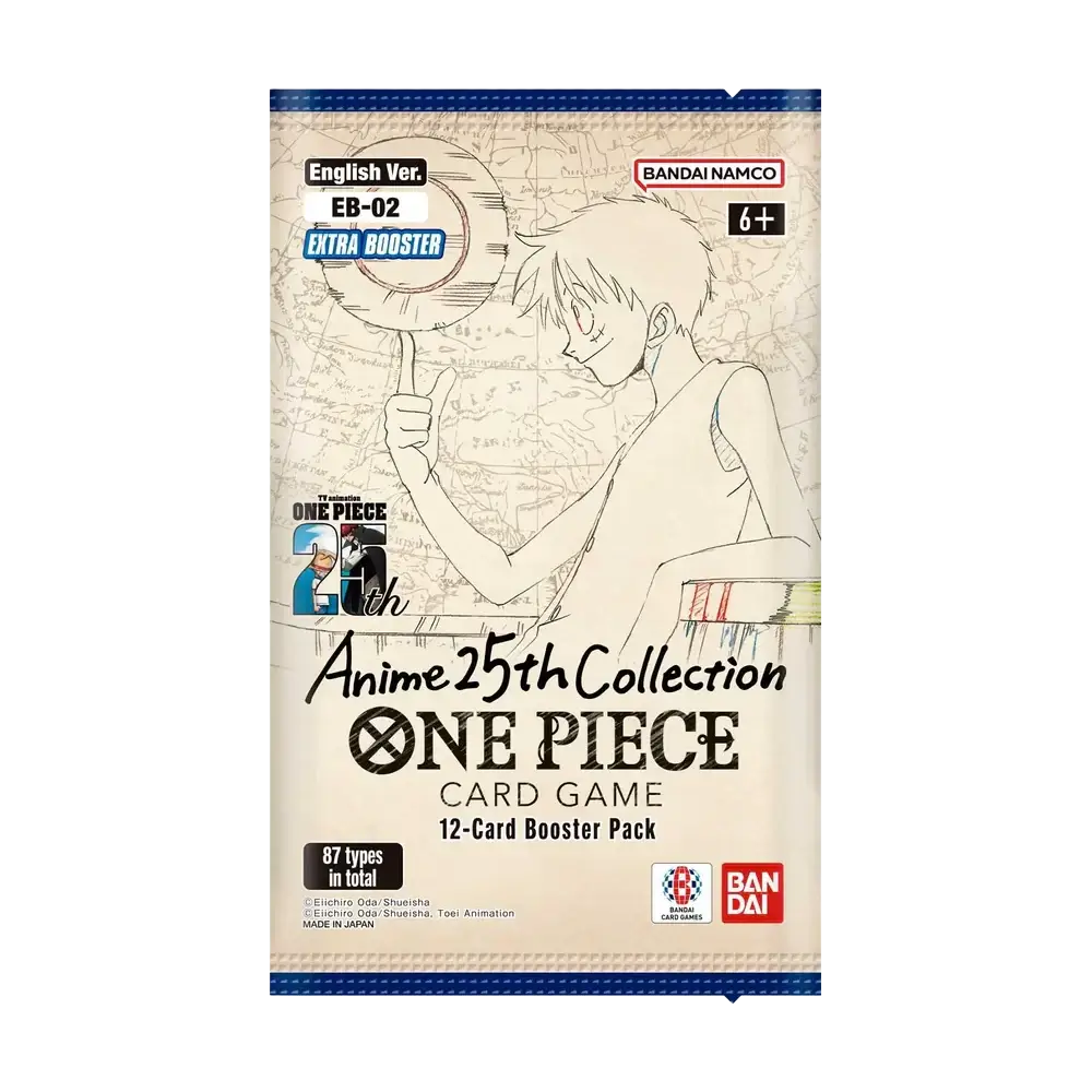 One Piece Card Game: Booster Pack (EB-02) Anime 25th Collection with exclusive illustrations on package.