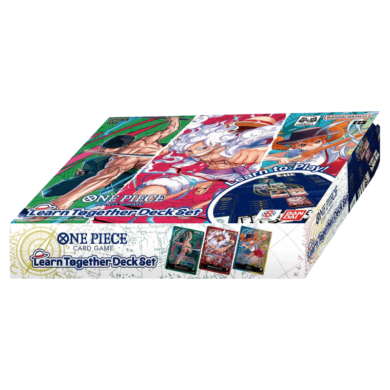 One Piece Card Game: Learn Together Deck Set (LT-01) box featuring Luffy, Zoro, Nami with playmats, decks, and guides.