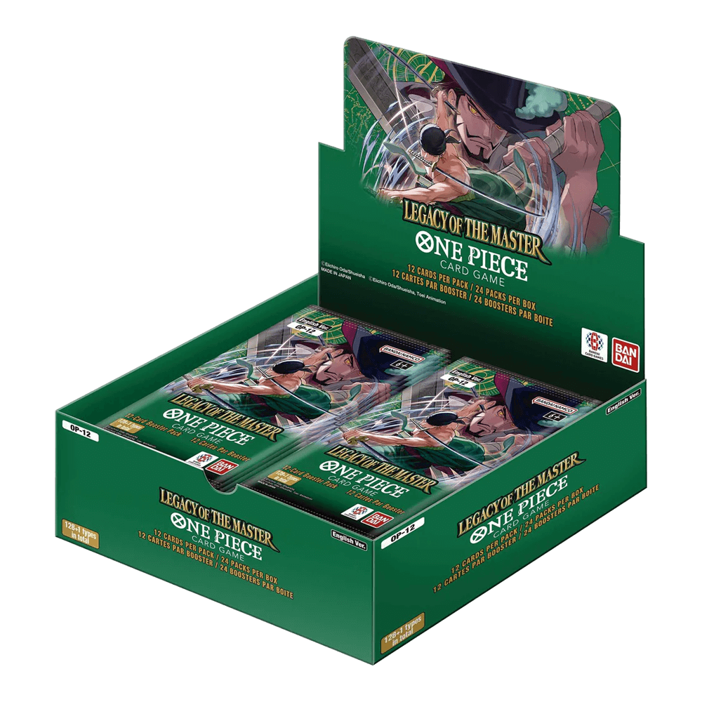One Piece Card Game: Booster Box (OP-12) display showing card packs with leader cards and rare types for thrilling battles.