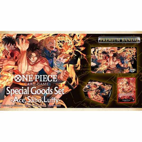 One Piece Card Game: Special Goods Set -Ace/Sabo/Luffy includes playmat, storage box, and card featuring beloved brothers Ace, Sabo, and Luffy.