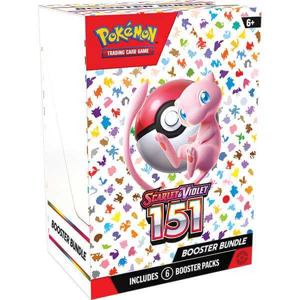 Pokemon 151 - Booster Bundle featuring Mew on box design with colorful Pokemon silhouettes.
