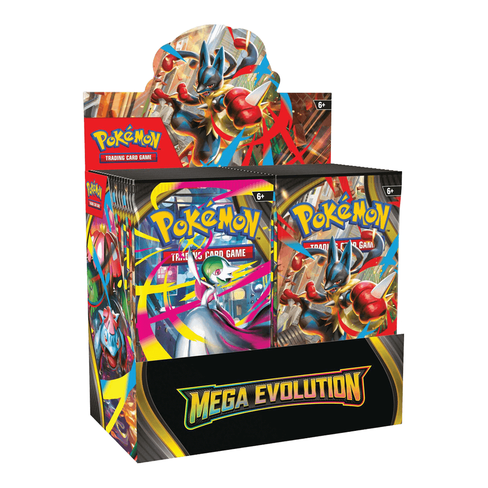 Pokémon TCG: Mega Evolution - Booster Box featuring Mega Lucario and Mega Gardevoir.