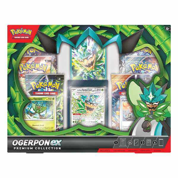 Pokémon TCG: Ogerpon ex Premium Collection box with cards and accessories.