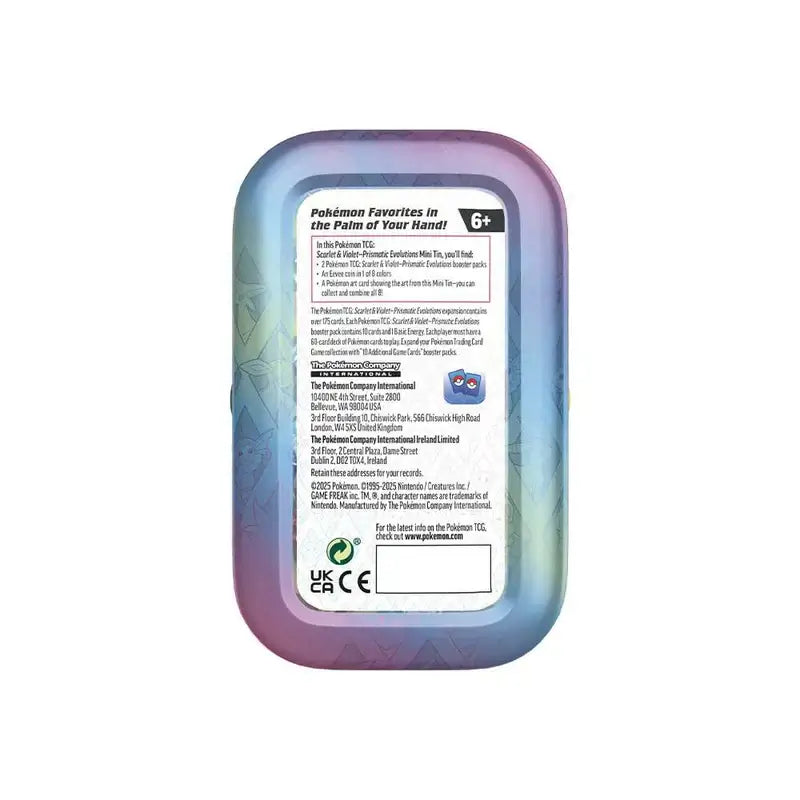 Back view of a Prismatic Evolutions Mini Tin featuring Pokémon card deck details and specifications.