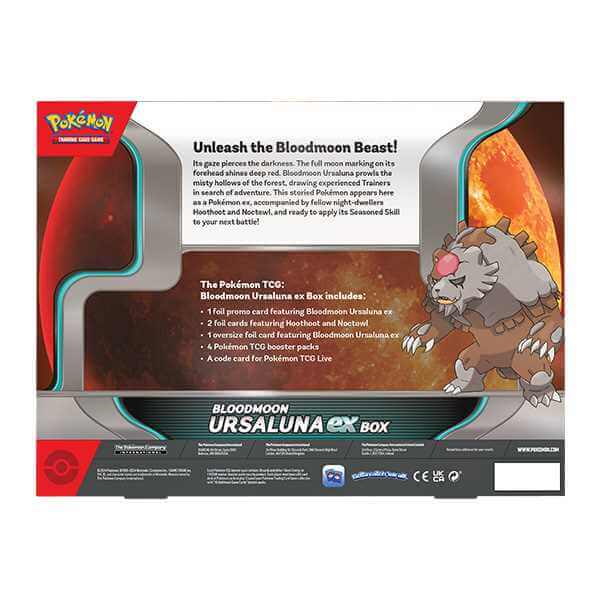 Pokémon TCG: Bloodmoon Ursaluna ex Box package with featured Pokémon and contents description.