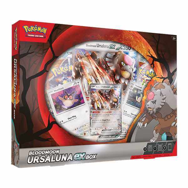Pokémon TCG: Bloodmoon Ursaluna ex Box featuring powerful Pokémon cards including Bloodmoon Ursaluna ex, Hoothoot, and Noctowl.