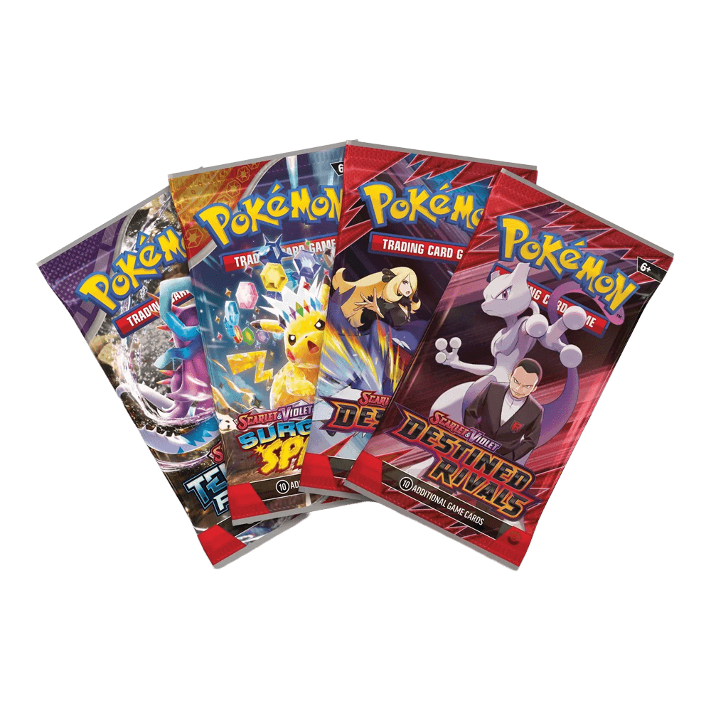 Four Pokémon TCG booster packs, including "Team Rocket's Mewtwo ex Box".