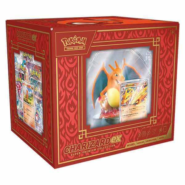 Pokémon TCG: Charizard ex Super-Premium Collection box with Charizard figure and card display.