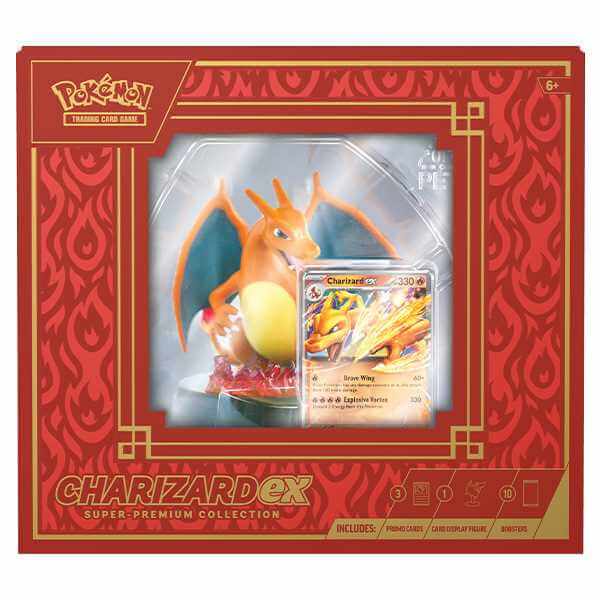 Pokémon TCG: Charizard ex Super-Premium Collection box with Charizard figure and card display.