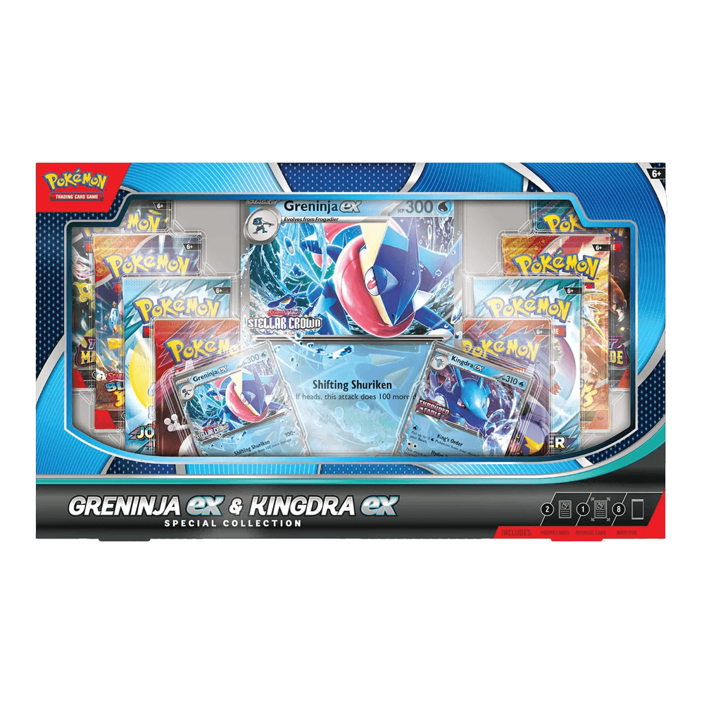 Image of Pokémon TCG: Greninja ex/ Kingdra ex Special Collection box with promo cards and booster packs.