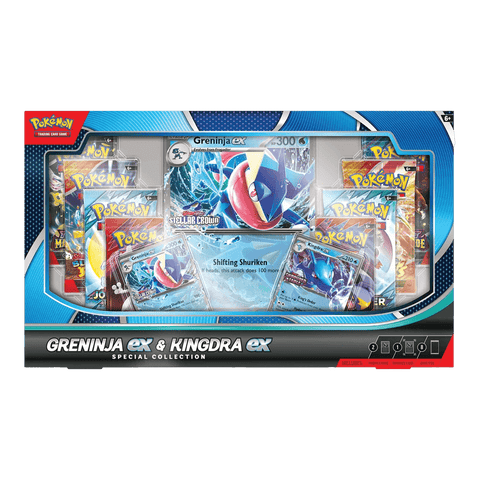 Image of Pokémon TCG: Greninja ex/ Kingdra ex Special Collection box with promo cards and booster packs.