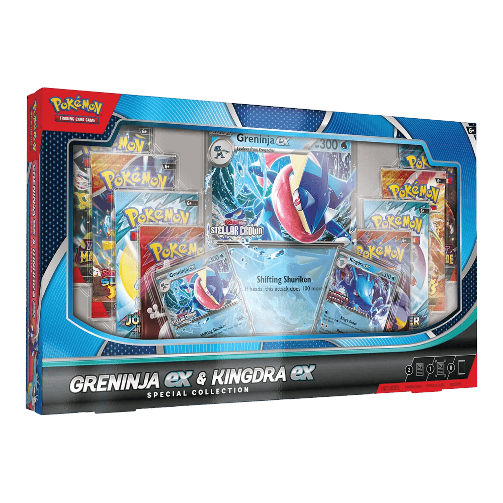 Pokémon TCG: Greninja ex/ Kingdra ex Special Collection box with promo cards and booster packs.