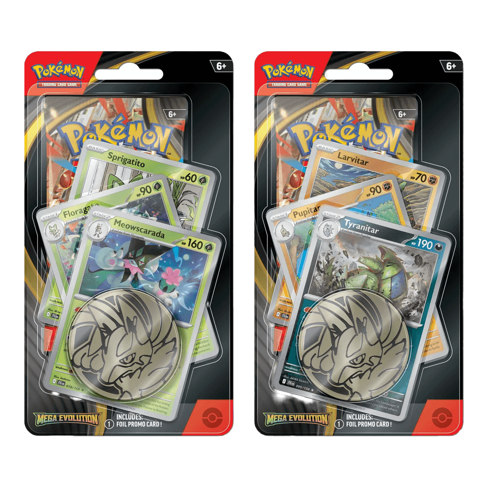 Pokémon TCG: Mega Evolution - Premium Checklane packs featuring cards and coin for collectors. Includes Sprigatito and Larvitar cards.