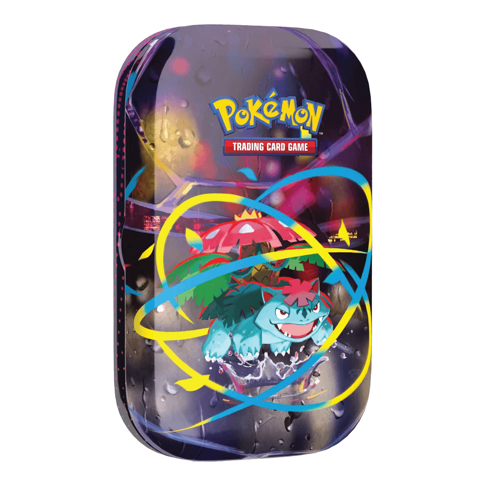 Pokémon TCG: Mega Heroes - Mini Tins, featuring collectible tin with Venusaur artwork, includes booster packs and sticker sheet.