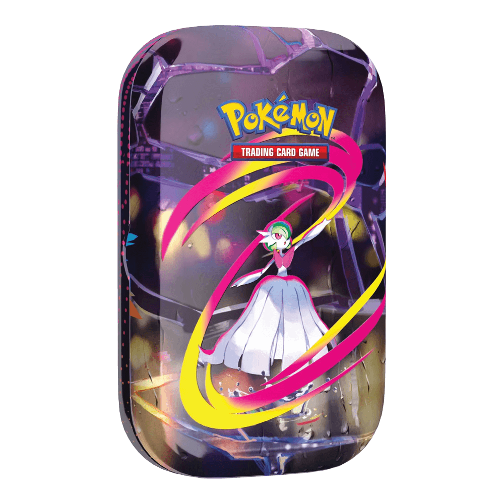 Pokémon TCG: Mega Heroes - Mini Tins featuring art of a Pokémon character, includes booster packs and sticker sheet.