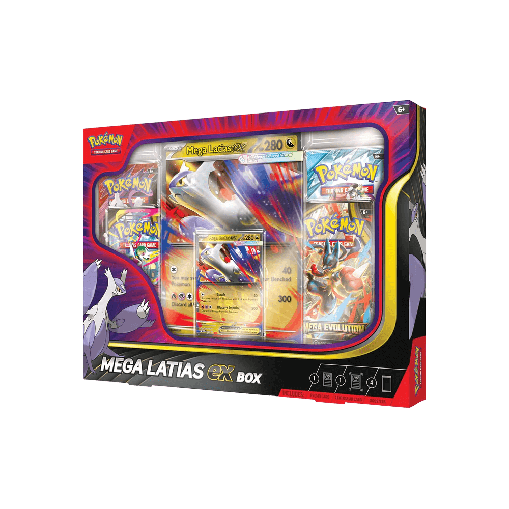 Pokémon TCG: Mega Latias ex Box with foil promo card, lenticular art, and booster packs displayed in packaging.