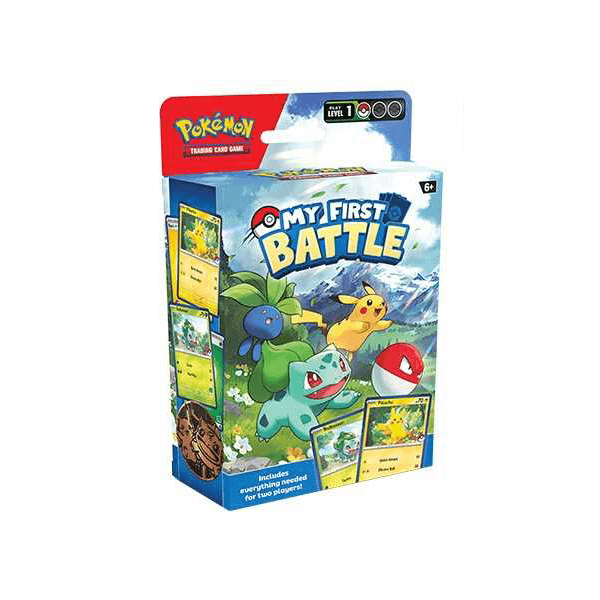 Box of Pokemon TCG: My First Battle - Bulbasaur vs Pikachu card game set for beginners.
