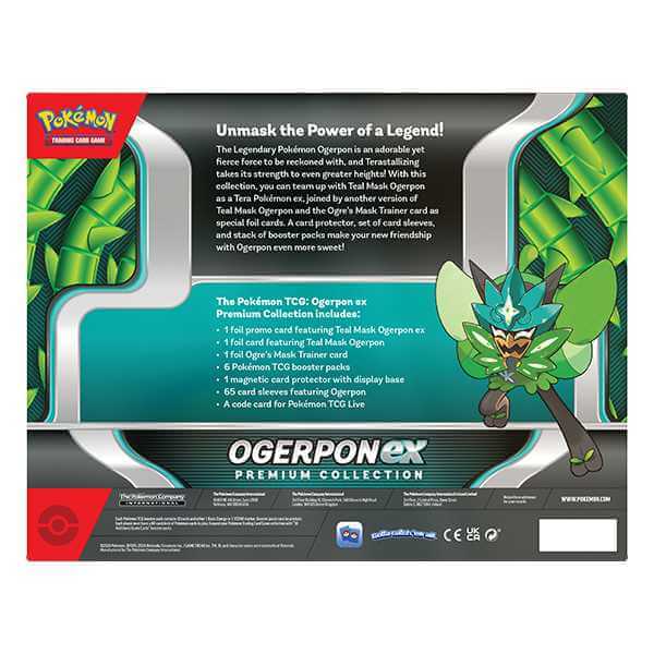 Back of Pokémon TCG: Ogerpon ex Premium Collection box featuring Ogerpon artwork and package details with vibrant green design.