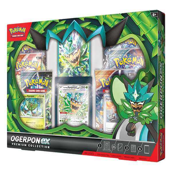 Pokémon TCG: Ogerpon ex Premium Collection featuring cards, sleeves, and special foil cards in a vibrant green display box.