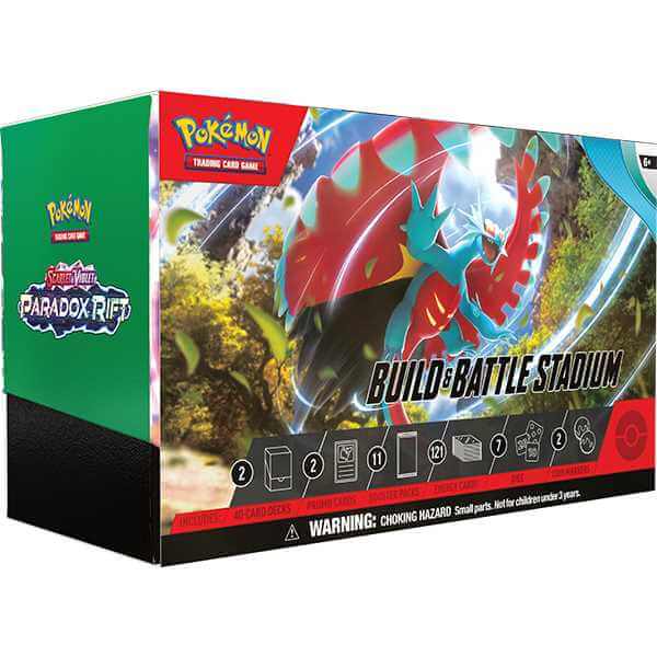 Pokemon TCG: Paradox Rift - Build & Battle Stadium box with vibrant artwork and game components displayed on packaging.