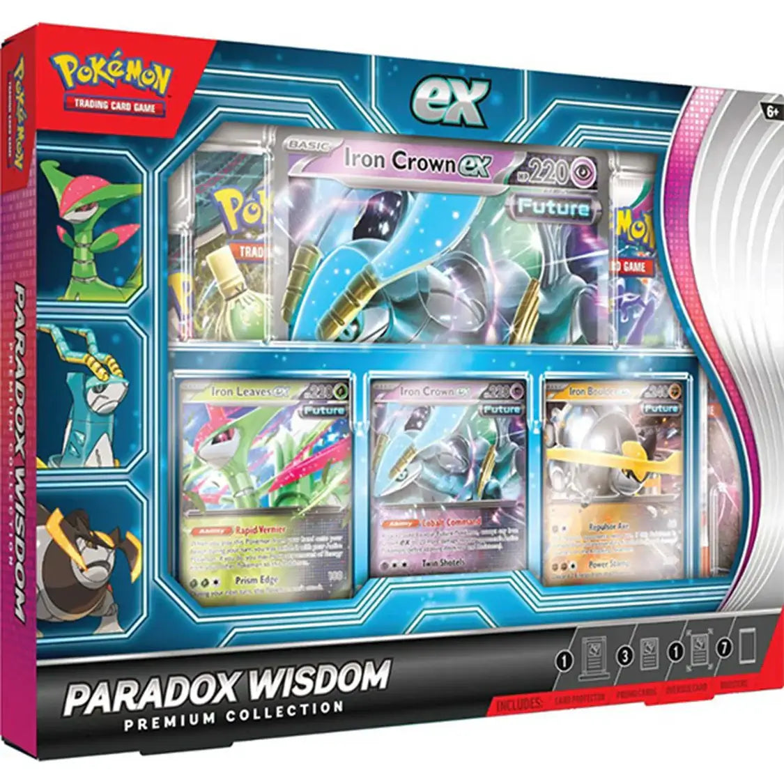 Pokémon TCG: Paradox Wisdom Premium Collection box featuring Iron Crown ex and other Paradox Pokémon cards.
