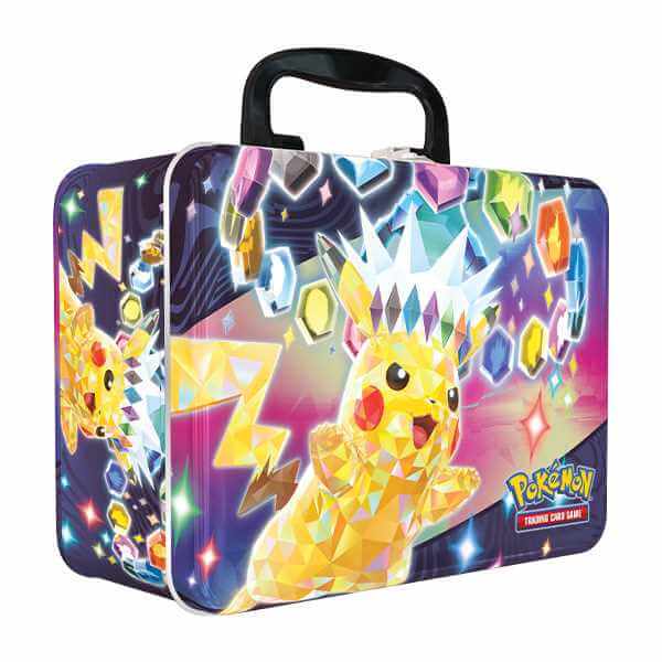 Pokémon TCG: Pikachu Collector's Chest metal case with Pikachu artwork, includes booster packs, foil cards, stickers, and more.