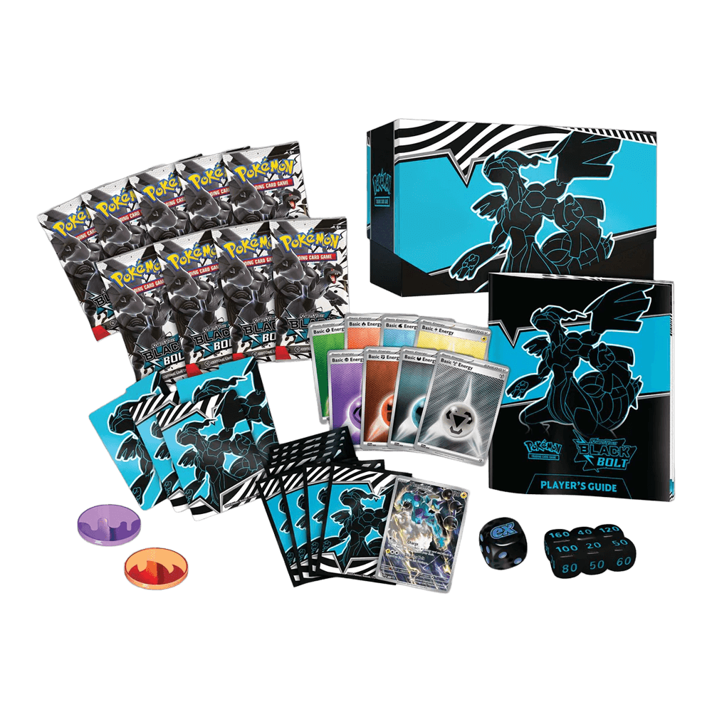 Pokémon TCG: Scarlet & Violet - Black Bolt - Elite Trainer Box Zekrom with cards, box, and player's guide featuring Zekrom.