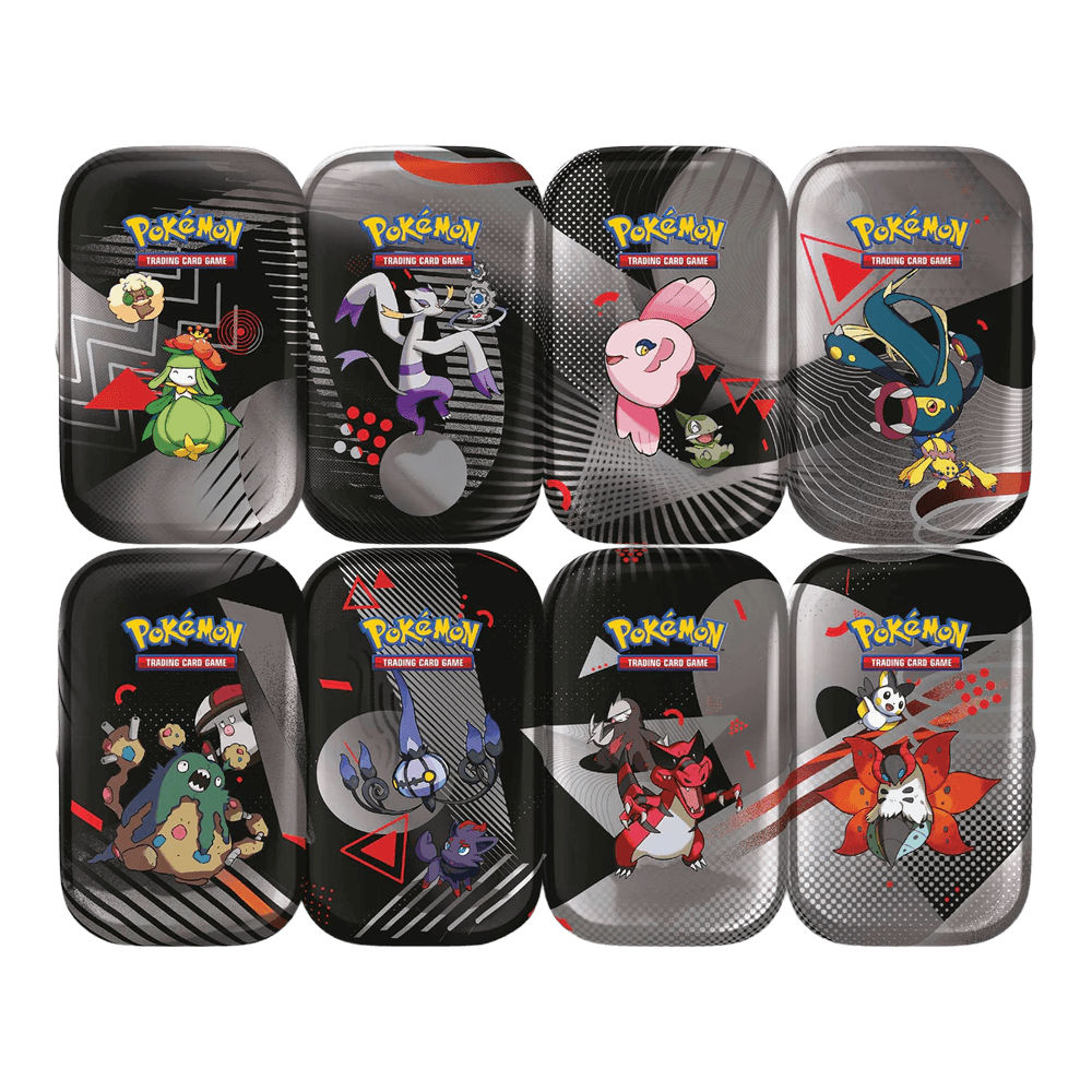 Pokémon TCG: Scarlet & Violet - Black Bolt & White Flare - Unova Mini Tin featuring eight colorful Pokémon designs.