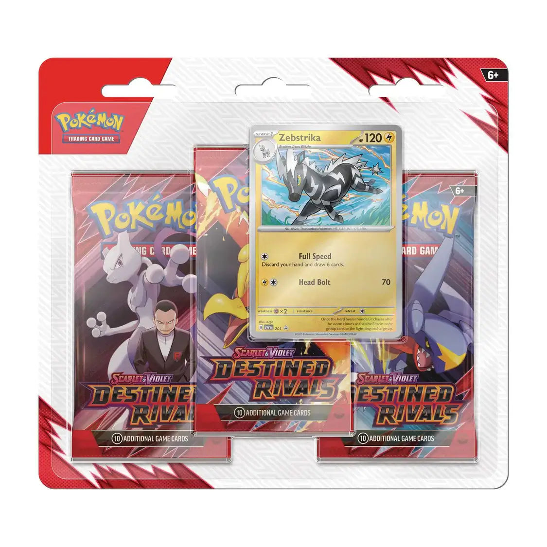 Pokémon TCG: Scarlet & Violet - Destined Rivals - 3-Pack Blister featuring Zebstrika card and iconic Pokémon characters.