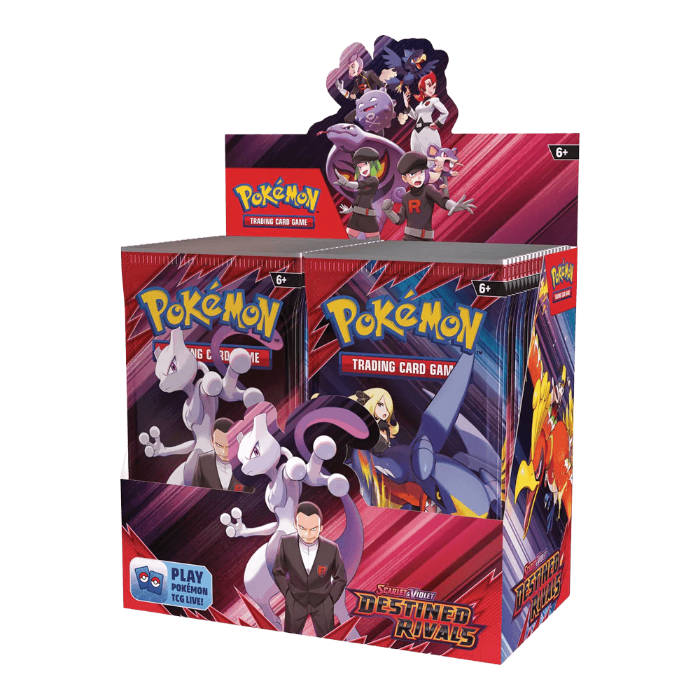 Display of Pokémon TCG: Scarlet & Violet - Destined Rivals - Booster Box featuring Team Rocket and iconic Trainer characters.