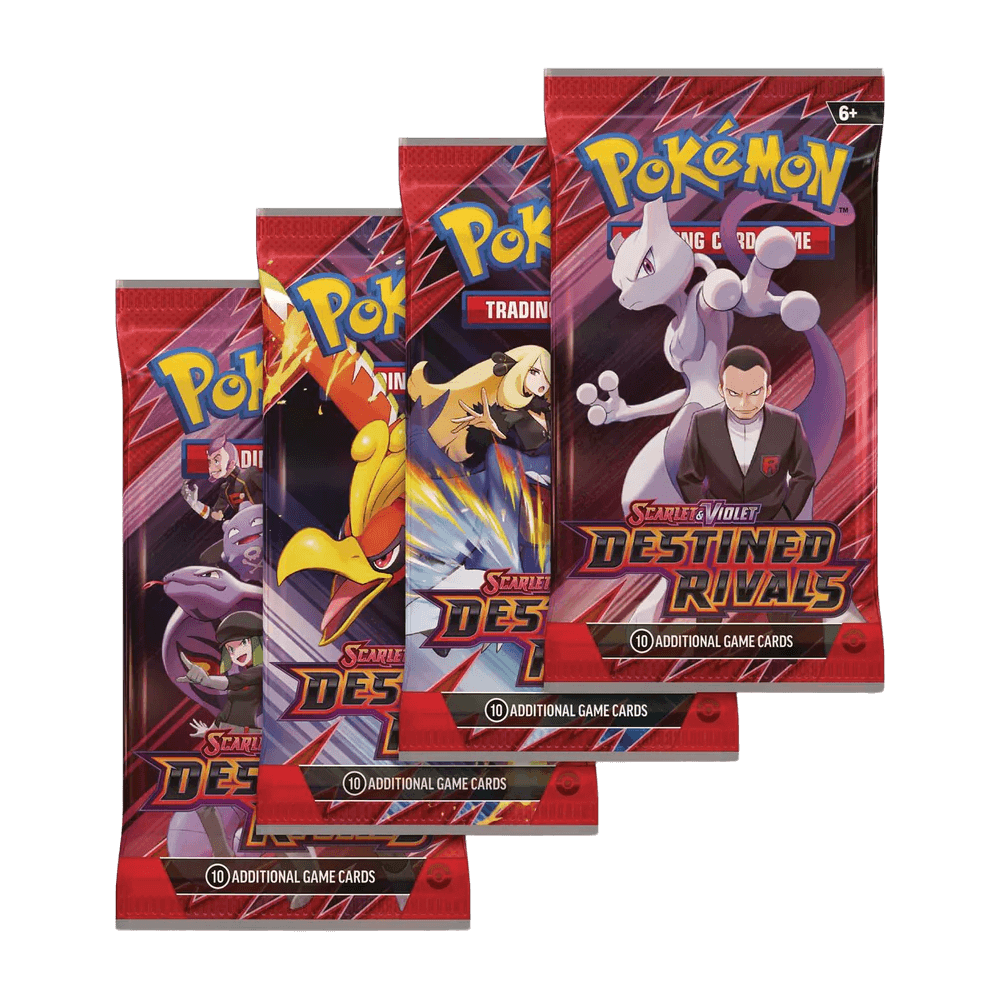 Pokémon TCG: Scarlet & Violet - Destined Rivals - Booster Pack showing Team Rocket and iconic Pokémon cards.