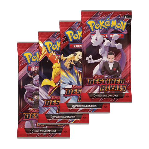 Pokémon TCG: Scarlet & Violet - Destined Rivals - Booster Pack showing Team Rocket and iconic Pokémon cards.