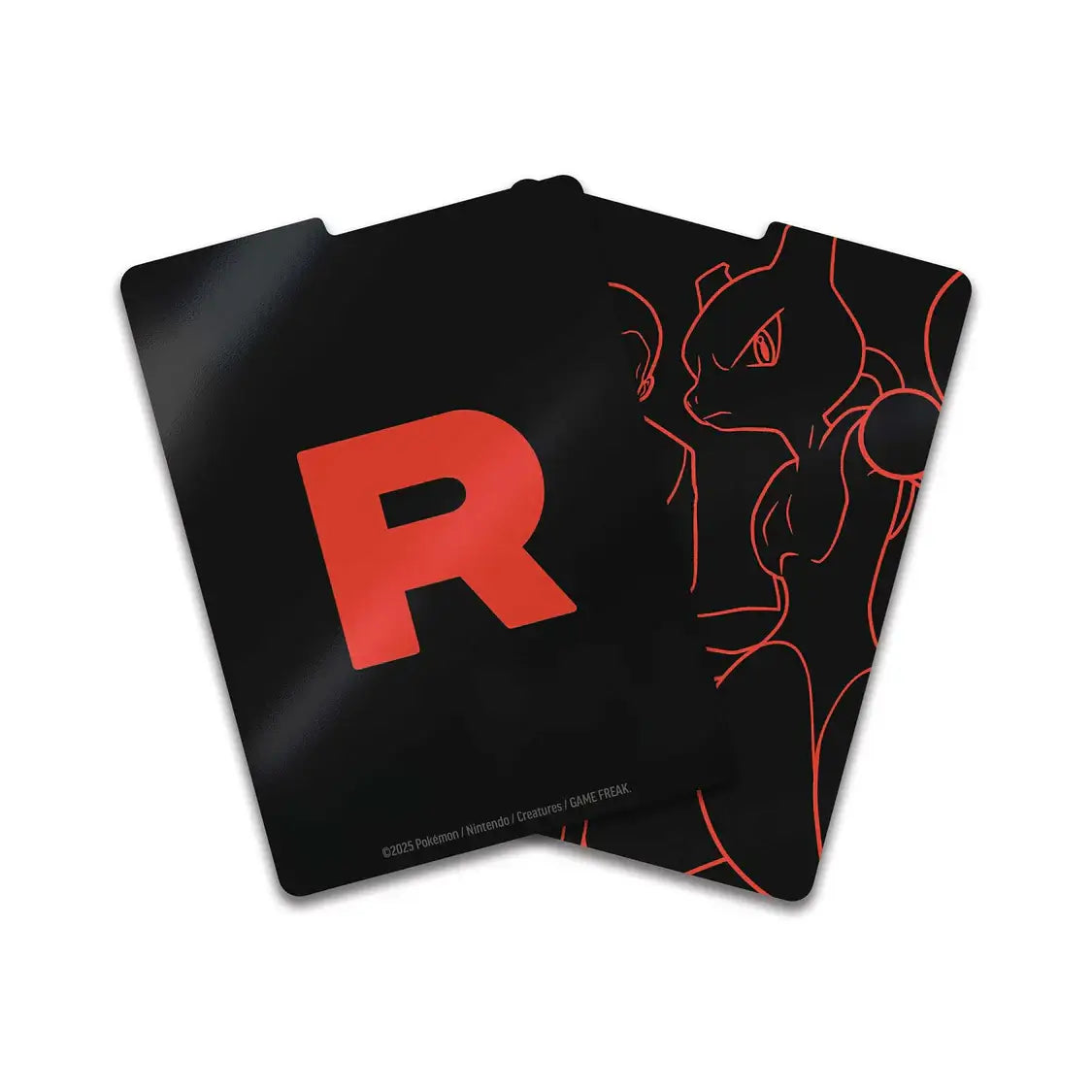 Team Rocket themed card sleeves from Pokémon TCG: Scarlet & Violet - Destined Rivals - Elite Trainer Box featuring Mewtwo.