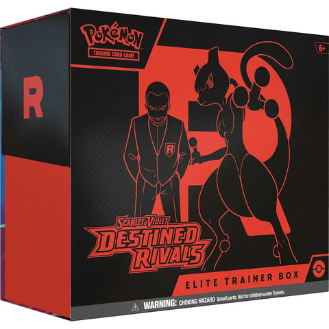 Pokémon TCG: Scarlet & Violet - Destined Rivals - Elite Trainer Box featuring Team Rocket design with Giovanni and Mewtwo.