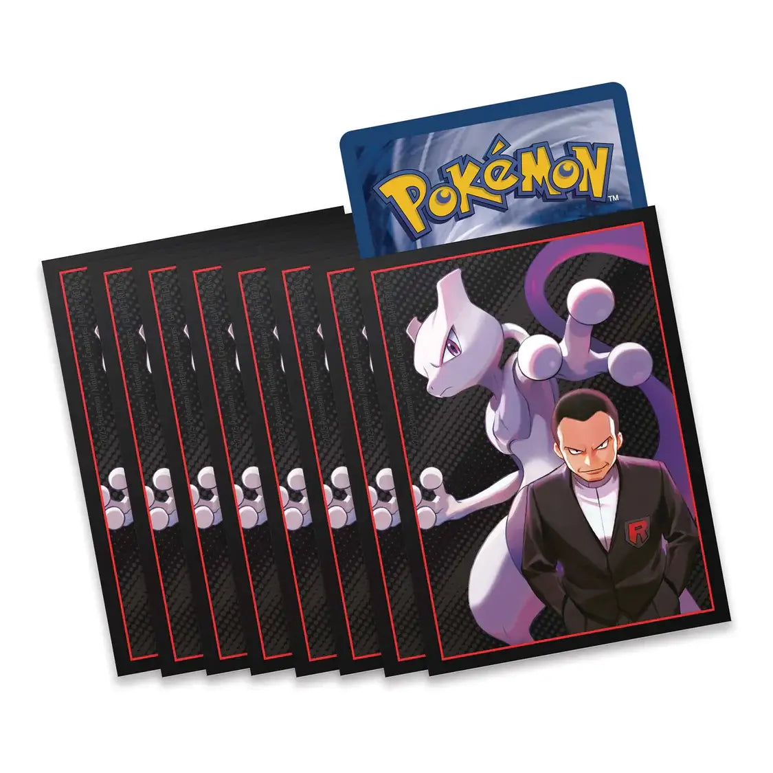 Pokémon TCG: Scarlet & Violet - Destined Rivals - Elite Trainer Box card sleeves featuring Giovanni and Mewtwo ex from Team Rocket.