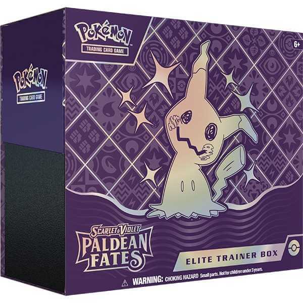 Pokemon TCG: Scarlet & Violet - Paldean Fates Elite Trainer Box packaging featuring a unique design with Shiny Pokémon characters.