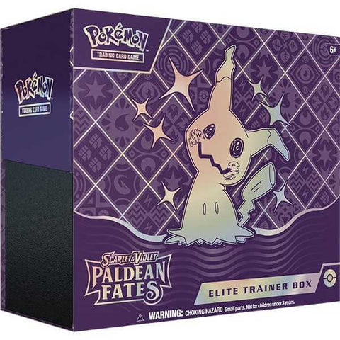 Pokemon TCG: Scarlet & Violet - Paldean Fates Elite Trainer Box packaging featuring a unique design with Shiny Pokémon characters.