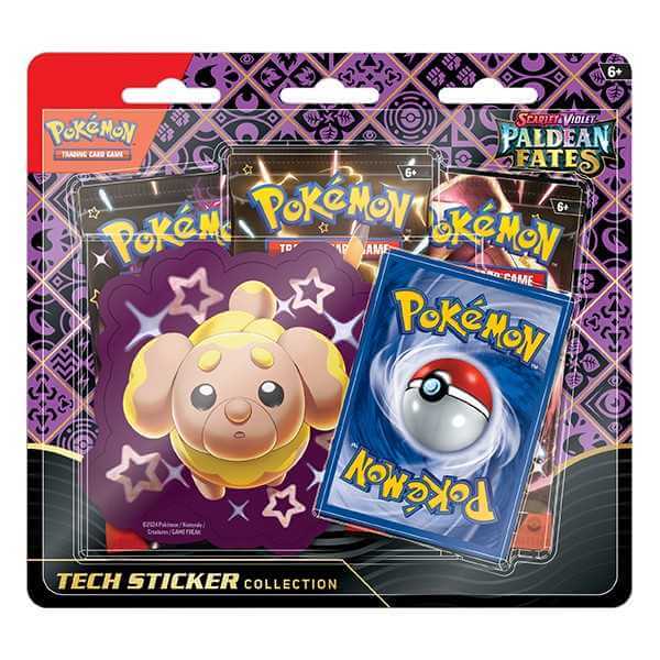 Pokemon TCG: Scarlet & Violet - Paldean Fates Tech Sticker Box - Fidough with shiny Pokémon sticker and booster packs.