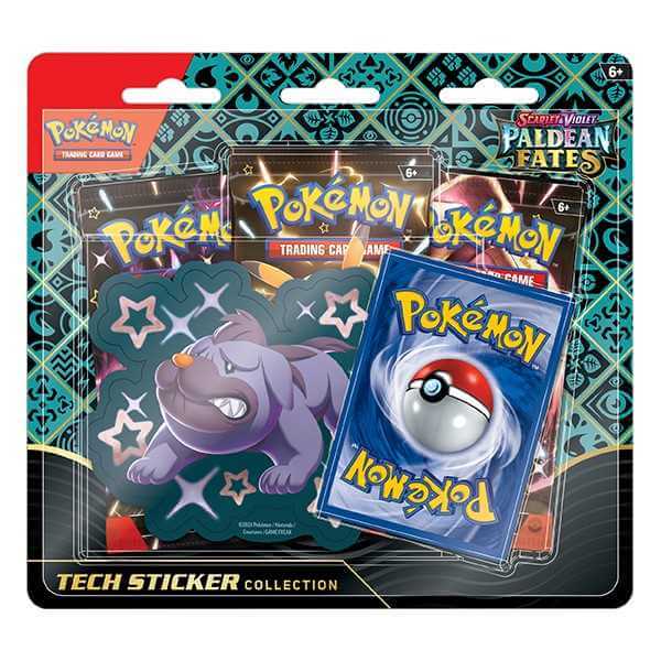 Pokemon TCG: Scarlet & Violet - Paldean Fates Tech Sticker Box - Maschief with Shiny Pokémon promo card and booster packs.