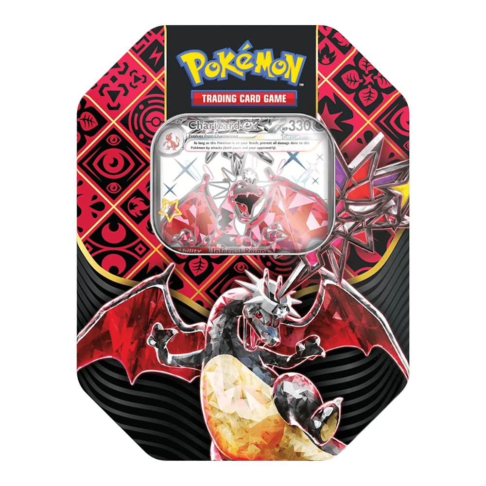 Pokémon TCG: Scarlet & Violet - Paldean Fates Tin featuring Charizard ex card inside decorative packaging.