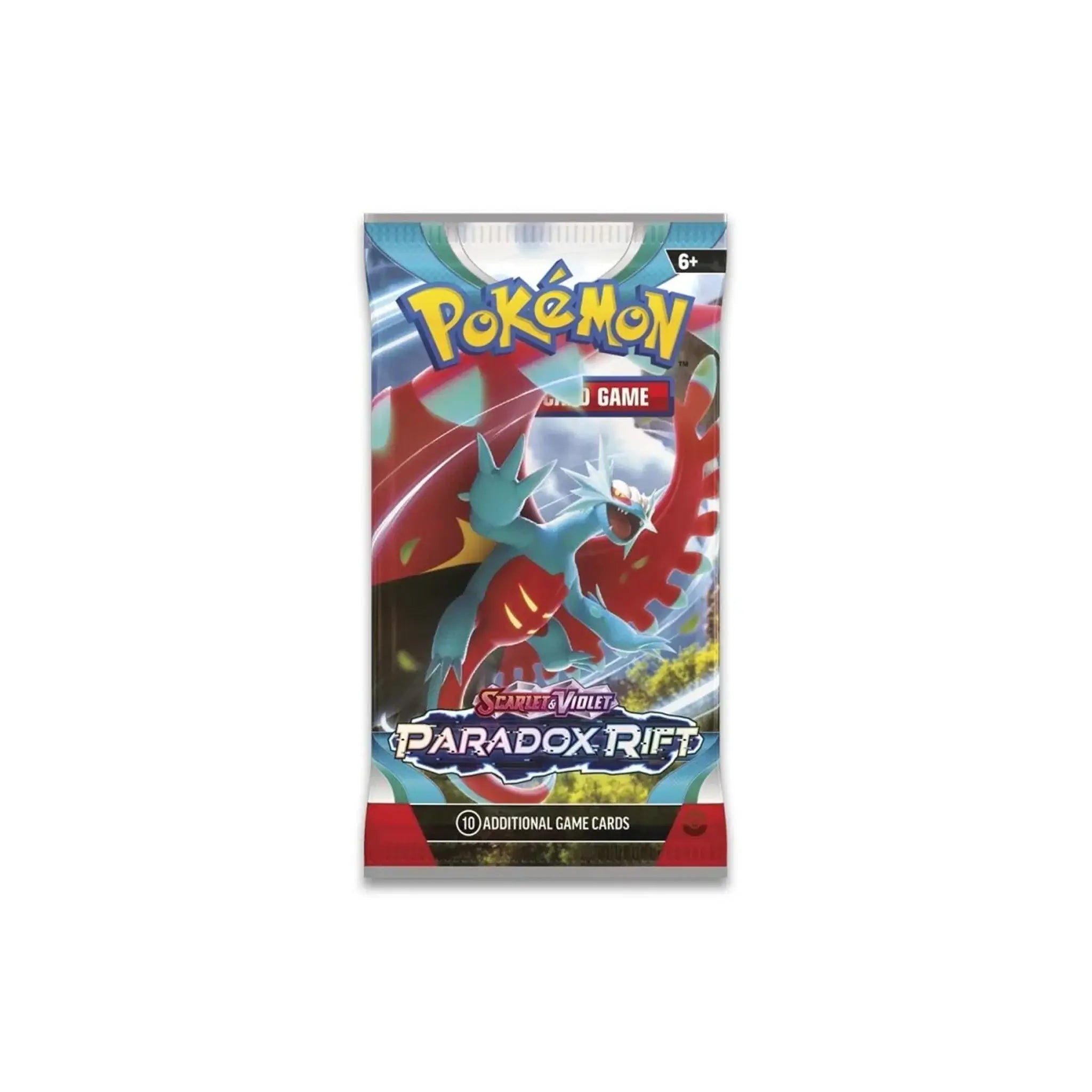 Pokémon TCG: Scarlet & Violet - Paradox Rift - Booster Pack featuring Pokémon like Roaring Moon ex on the packaging.
