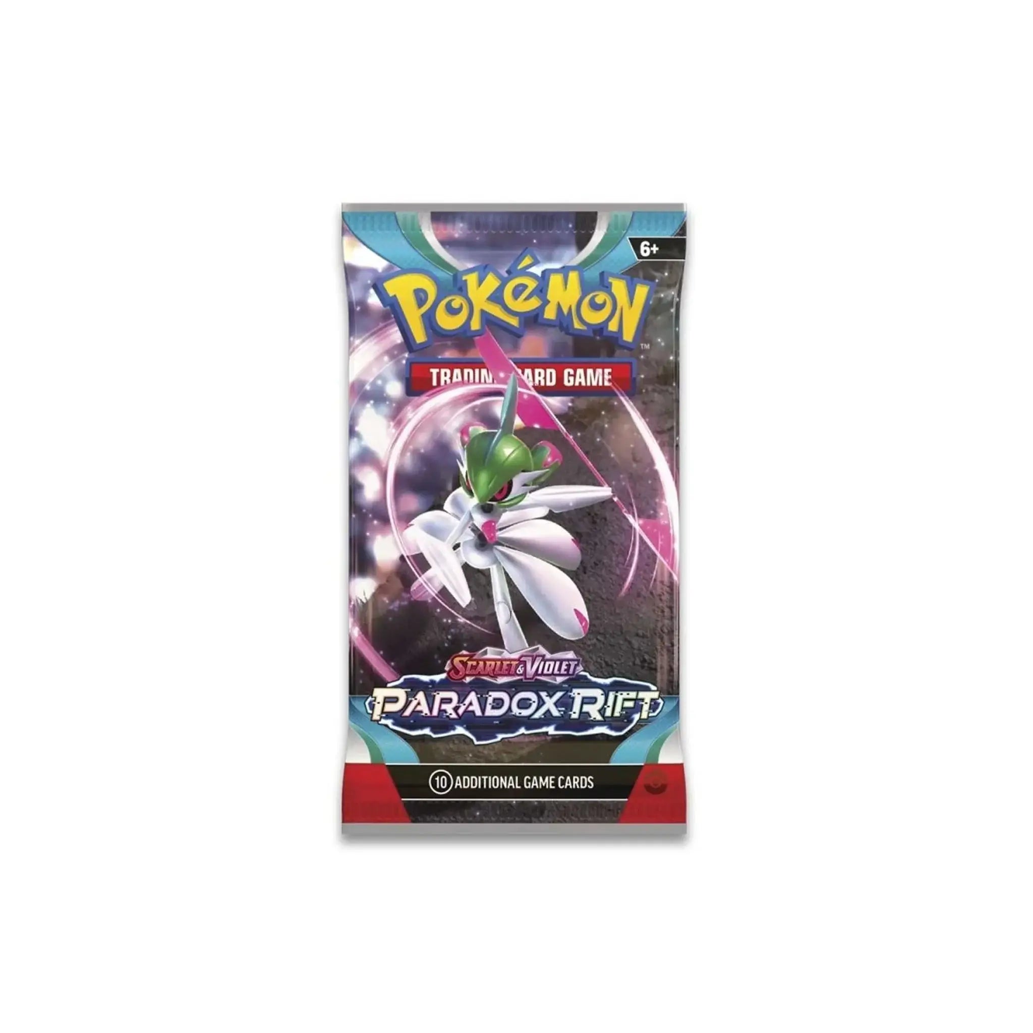 Pokémon TCG: Scarlet & Violet - Paradox Rift - Booster Pack featuring Iron Valiant ex and Gholdengo ex on the packaging.