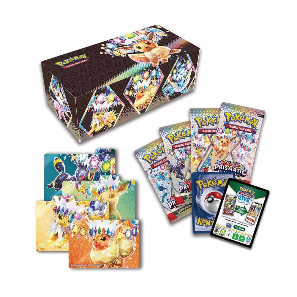 Pokémon TCG: Scarlet & Violet - Prismatic Evolutions – Surprise Box Collection with Eevee cards and booster packs.