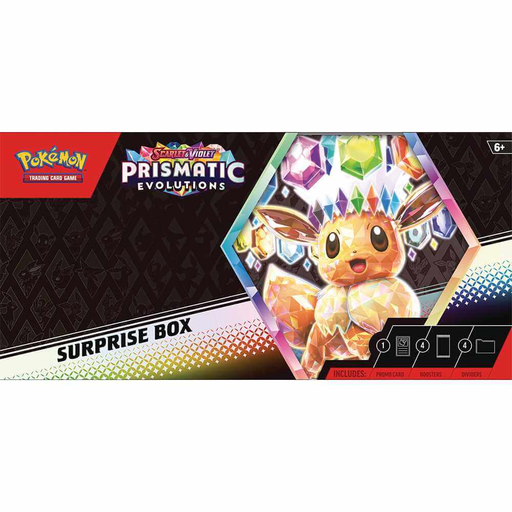 Pokémon TCG: Scarlet & Violet - Prismatic Evolutions – Surprise Box Collection featuring Eevee foil promo and booster packs.