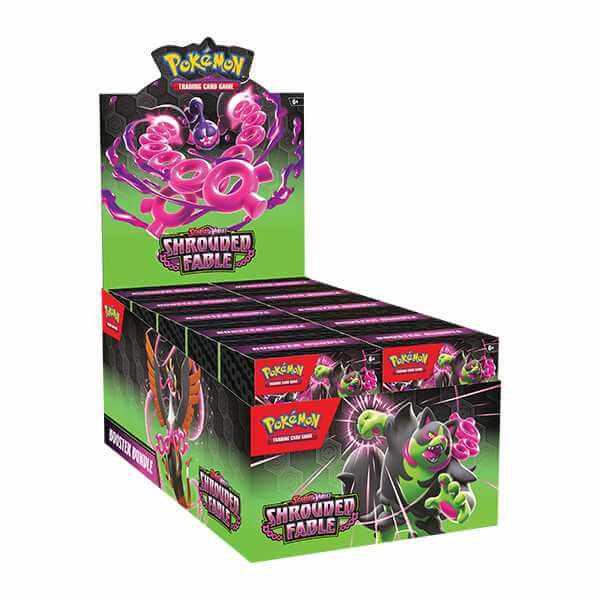 Pokémon TCG: Scarlet & Violet Shrouded Fable - Booster Bundle Box featuring Pecharunt ex and Revavroom ex Terastallizing.