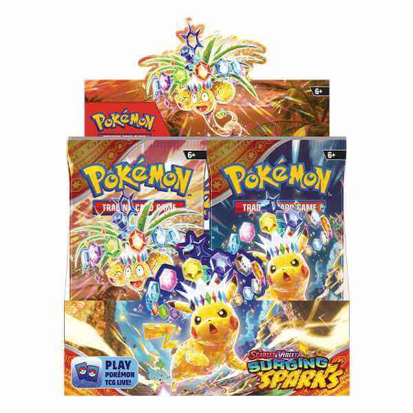 Pokémon TCG: Scarlet & Violet - Surging Sparks - Booster Pack display with Pikachu ex and Alolan Exeggutor ex artwork