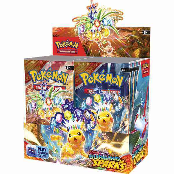 Pokémon TCG: Scarlet & Violet - Surging Sparks Booster Pack featuring Pikachu ex and Alolan Exeggutor on box cover.