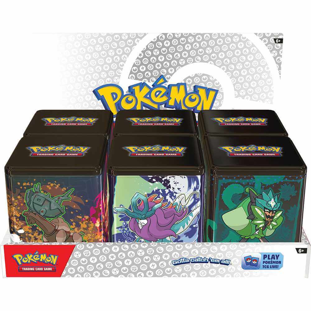 Display of Pokémon TCG: Stacking Tins March 2025 featuring powerful Pokémon from Paldea and Kitakami with sticker sheets included.