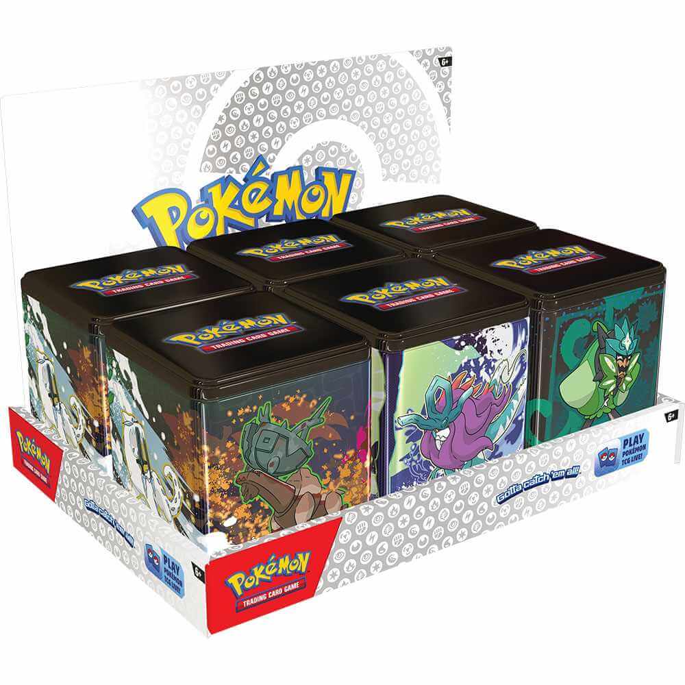 Display of Pokémon TCG: Stacking Tins March 2025 featuring artwork of Treasures of Ruin, Paradox Pokémon, and Ogerpon with booster packs.