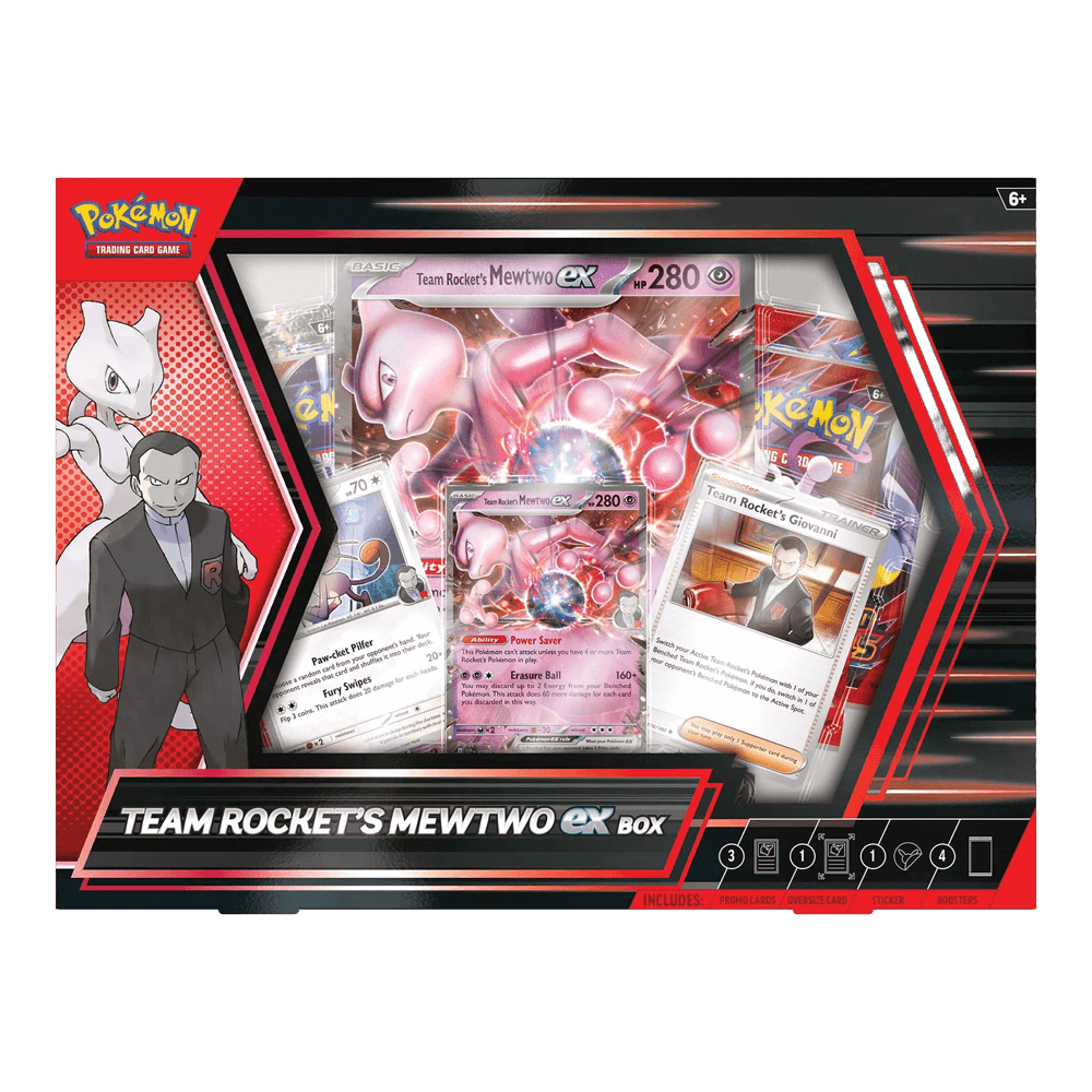 Pokémon TCG: Team Rocket's Mewtwo ex Box with Giovanni and Mewtwo cards displayed on packaging.